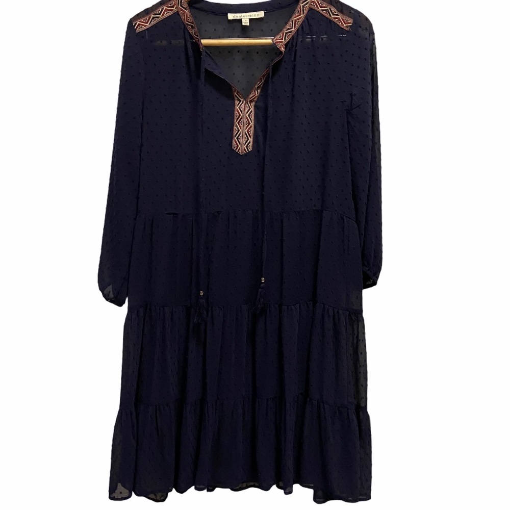 Daniel Rain Navy Blue Swiss Dot Tassel Dress Sz M